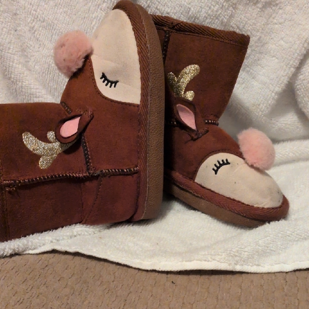 Just In Time For The holiday      Brown Reindeer Themed Boots with Pink Pom Poms